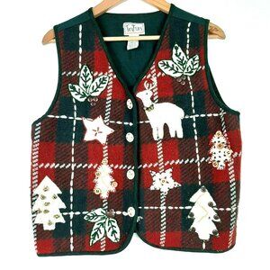 Vtg TanTrums Christmas Sweater Vest Wool Blend Green Red Holiday Applique M
